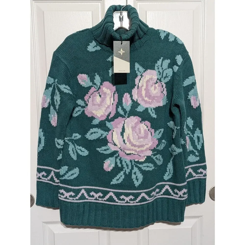 Tuckernuck Juniper Green Dahlia Turtleneck Sweater XS Floral Intarsia Knit NWT